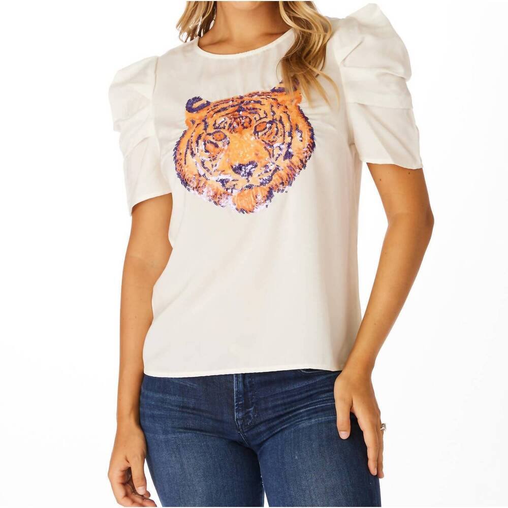 NEW STEWART SIMMONS clemson sequin puff sleeve shirt in white